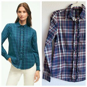 Brooks Brothers 346 Womens Cotton Plaid Ruffled Button Down Shirt Blue Red White